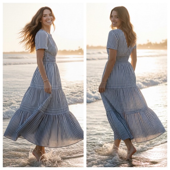 Quince Organic Cotton Tiered Maxi Dress Navy White Stripe Smocked Resortwear M - Picture 6 of 17